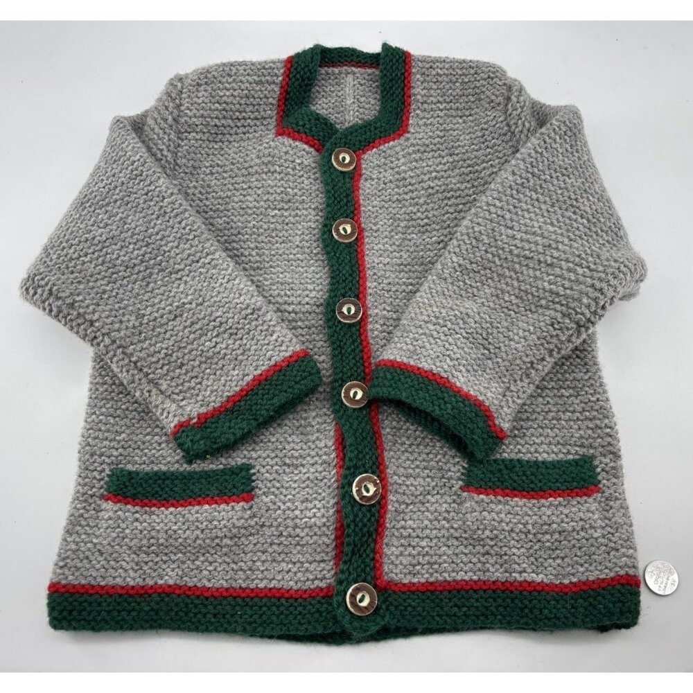 Vintage Handmade Childs‎ Wool Button Down Sweater Green Red Gray Germany